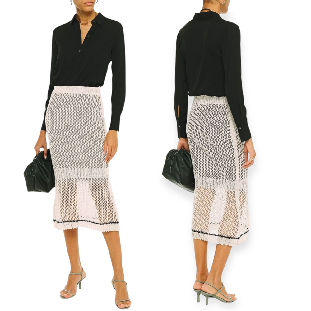 NWT Victoria Beckham Crochet Knit Midi Skirt Mesh Silver Beige Size 2 US 6 S / M